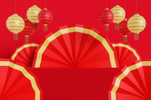 Red Chinese fan texture on a red background Happy Chinese New Year 3d illustration