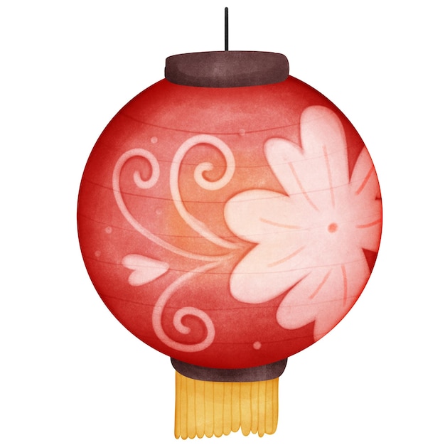 Red Chinese lantern with flower watercolor isolated