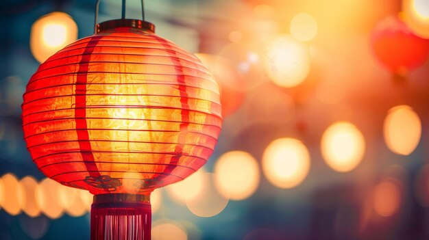 a red chinese lantern with the sun shining on it