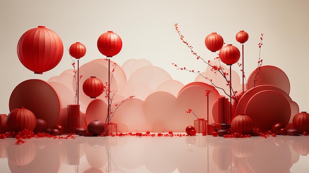 Red chinese lanterns 3d rendering