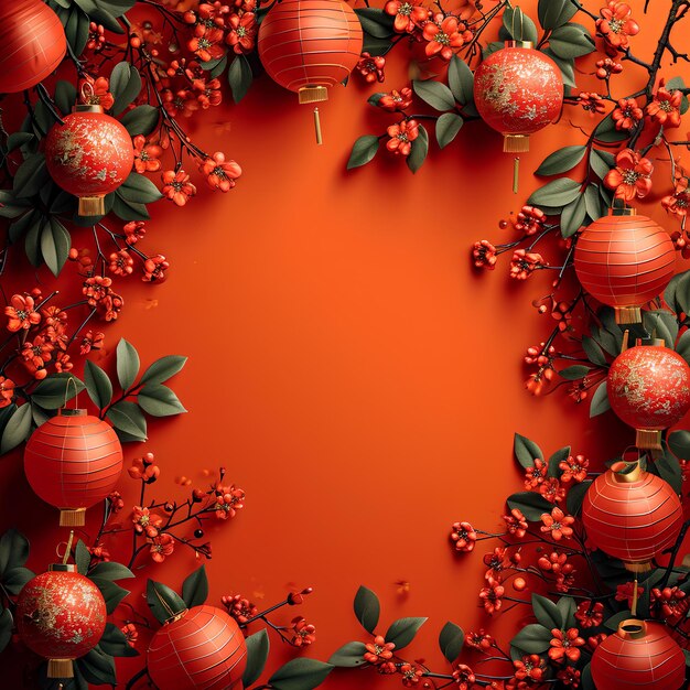 Red chinese lanterns and flowers in a frame in a 3d red frame