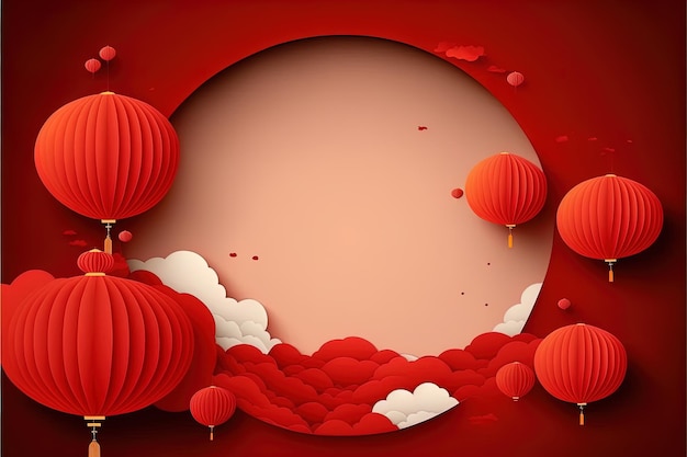 Photo red chinese paper lanterns in cloud sky on red