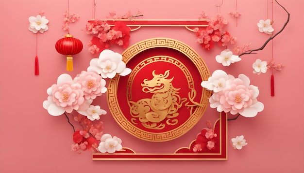 a red chinese symbol with a lion and chinese lanterns on the wall