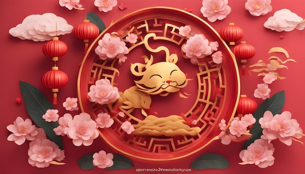 Photo a red chinese symbol with a lion and flowers