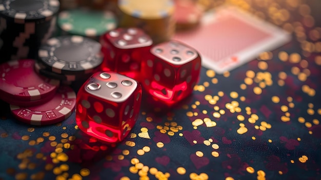 Red Chips Dice Poker Cards and Golden Bokeh Background A CasinoThemed Setup Concept Casino Theme Red Chips Dice Poker Cards Golden Bokeh Background
