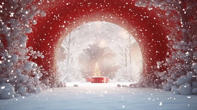 red christmas arch for New Year's gifts with an empty mine space in the winter frosty forest.