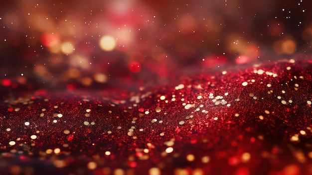 보케가 분해된 불빛과 별이 있는 빨간색 크리스마스 배경