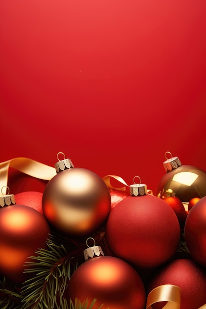 Red christmas background with golden and red baubles