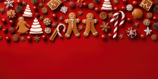 Red Christmas background with Season Composition Festive Elements such as Cookies gift box Candies snowflake gingerbread men winter spice Christmas Tree Decorations