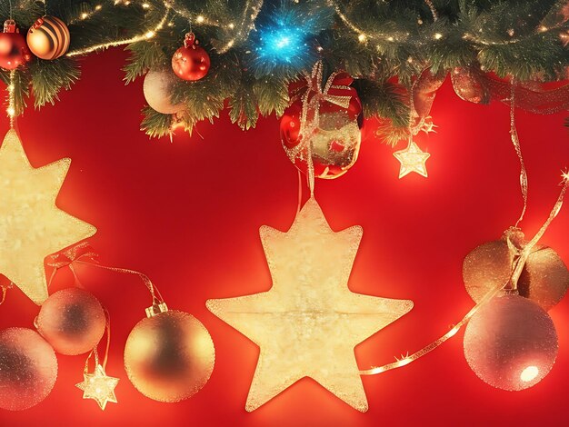 Red Christmas background with stars and light decoration