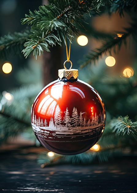 Red Christmas ball on a fir branch close up vertical festive Christmas card