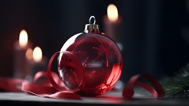 A red christmas ball sits on a table with a candle behind it.