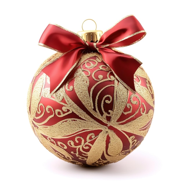 Red Christmas ball with ribbon and golden pattern isolated on white background Generative ai