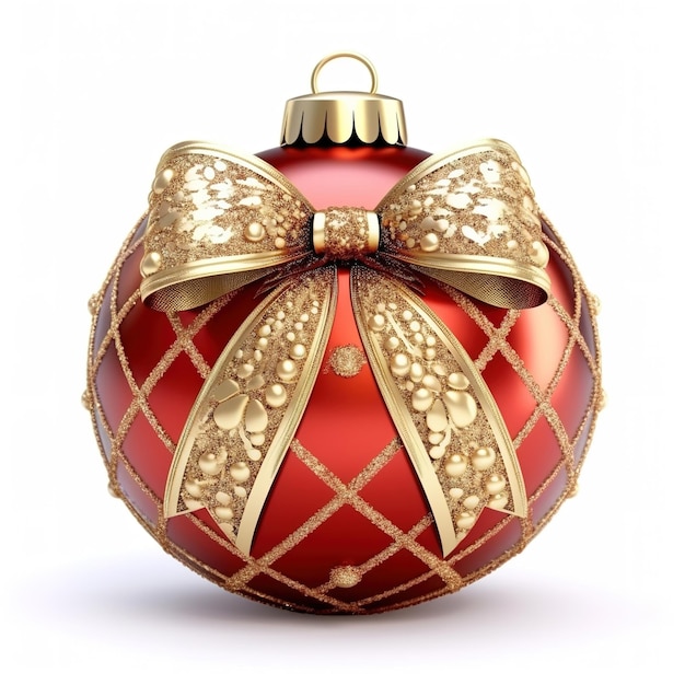 Red Christmas ball with ribbon and golden pattern isolated on white background Generative ai