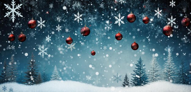 Photo red christmas balls in a blue forest background