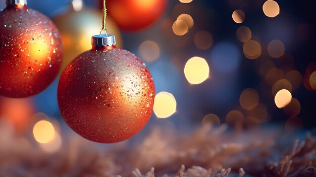 Photo red christmas balls on a christmas tree branch