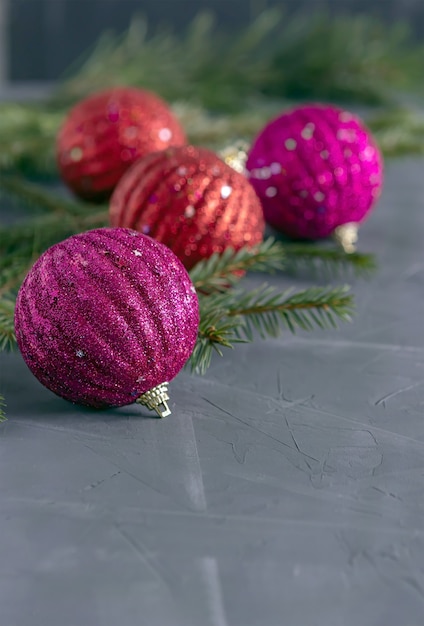 Red Christmas balls and fir branches