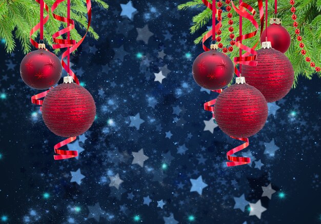 Photo red christmas balls garlands and evergreen fir tree on blue winter background