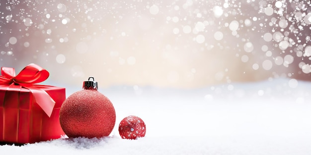 Красные рождественские шары и подарочная коробка на снегу с фоном боке Генеративный ИИ