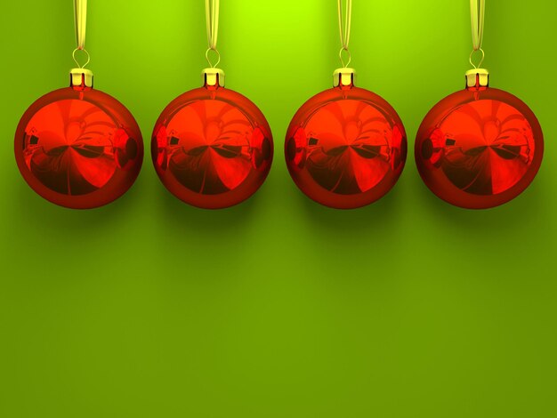 Red christmas balls on green background 3D rendering