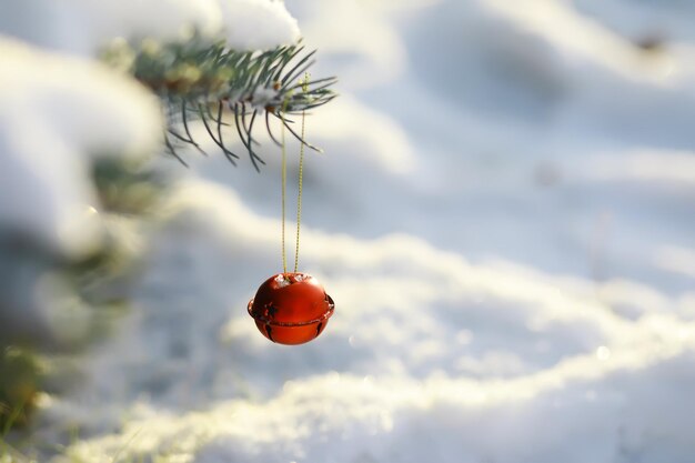 Red Christmas bell hangs on a snowcovered branch of a Christmas tree against a festive background of white snow New Year greeting and holiday card banner