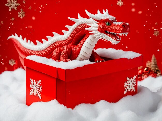 Red Christmas box with a snow dragon on a red background