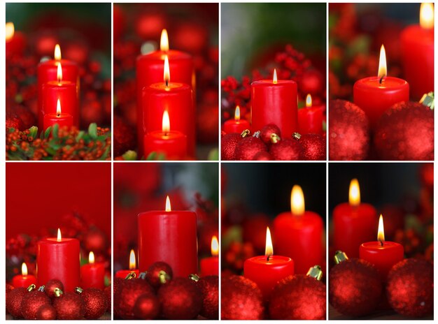 Red Christmas candles and ornaments over a blurry background