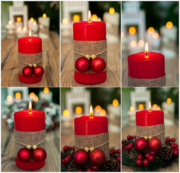 Candele e ornamenti natalizi rossi su uno sfondo sfocato