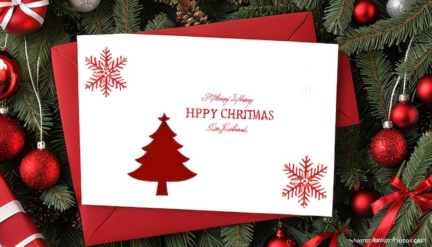 Red Christmas card red christmas ornaments and seasonal greetings White empty card for your text