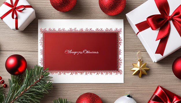 Красная рождественская карточка Красные рождественские украшения и сезонные поздравления Белая пустая карточка для вашего текста