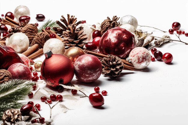 A red christmas decoration with a bunch of ornaments and a pine cone