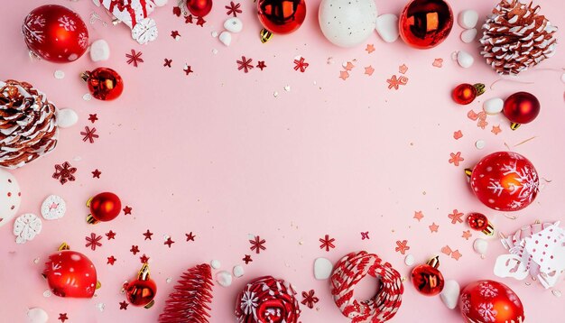 Red christmas decorations on a pink background