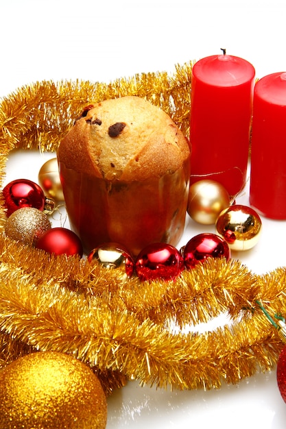 Red Christmas decorations on spruce branches