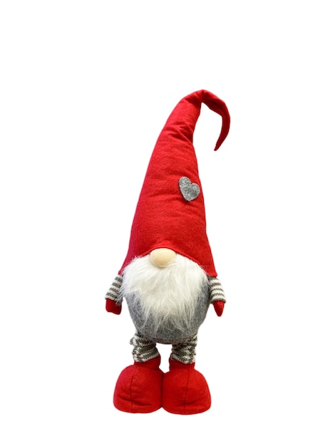 Red christmas elf with pointed cap isolated on white background