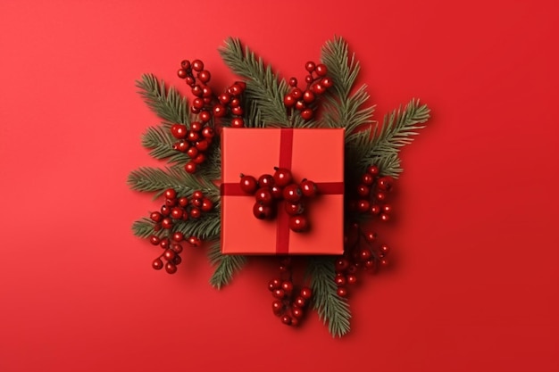 Red christmas gift box with red berries on a red background