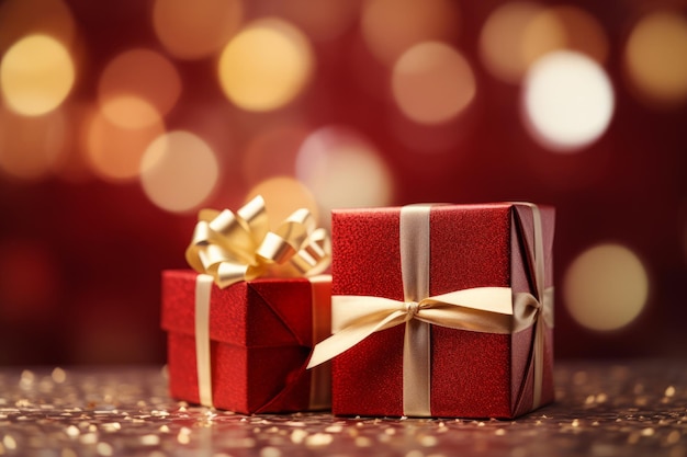 Red Christmas gift boxes with gold bow on red defocused holiday background Generative Ai