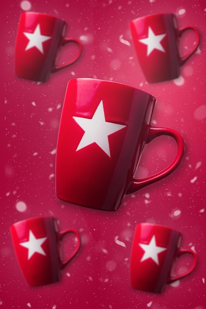 Red Christmas mugs with red snowy background