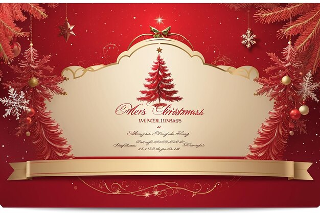 Red christmas occasion invitation card on a table and a decorated christmas tree candle wine glass