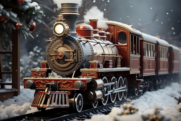 red christmas santa's train in snowy forest in winter