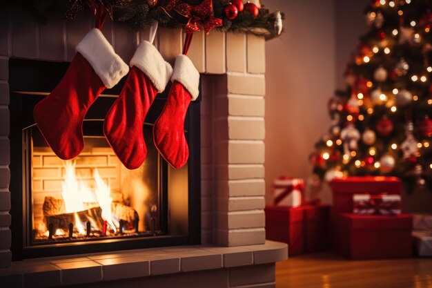 Red christmas sock on fireplace mantle in beautifully decorated living room