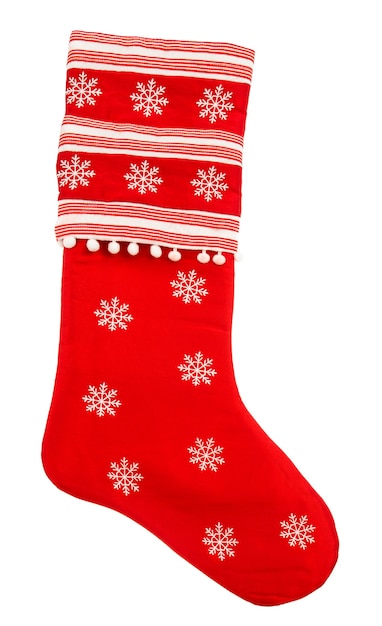 Red christmas sock with snowflakes for gifts on white background. Holidays symbol