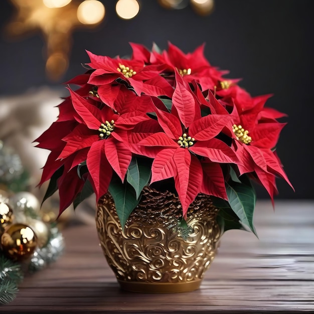 Red Christmas star poinsettia flowers in gold vase