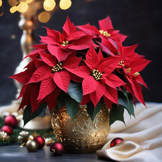 Red Christmas star poinsettia flowers in gold vase