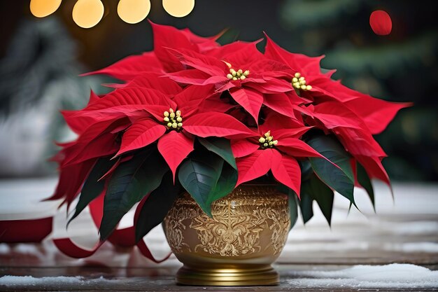 Red Christmas star poinsettia flowers in gold vase