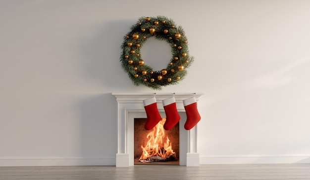 Red christmas stocking hanging on a fireplace Festive cosy holiday background 3D Rendering