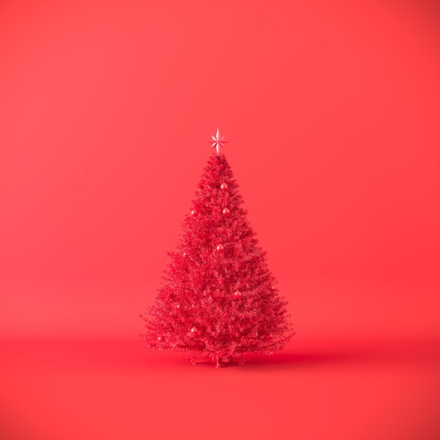 Foto albero di natale rosso su sfondo di colore rosso 3d rendering di natale minimal concept idea