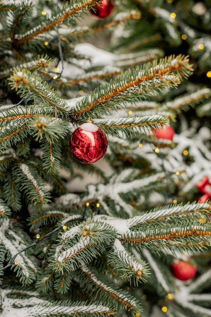 A red Christmas tree toy on a green pine tree