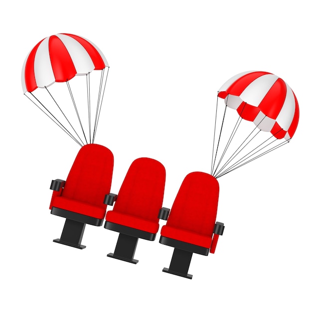 Red Cinema Movie Theater Comfortable Chairs Falling by Parachutes on a white background. 3d Rendering