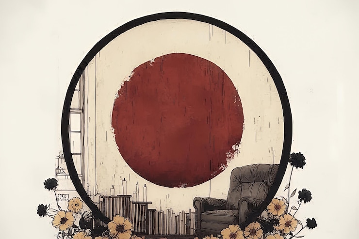 Photo red circle in a window frame with an armchair and flowers