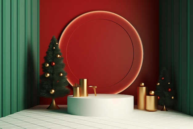 A red circle with a christmas tree in the corner